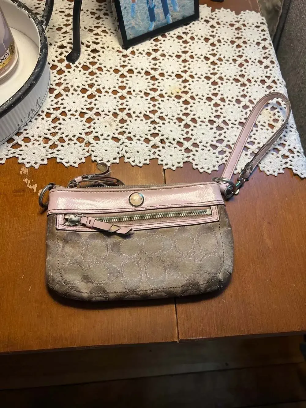 Coach Signature C Monogram Canvas Wristlet with Pink Trim